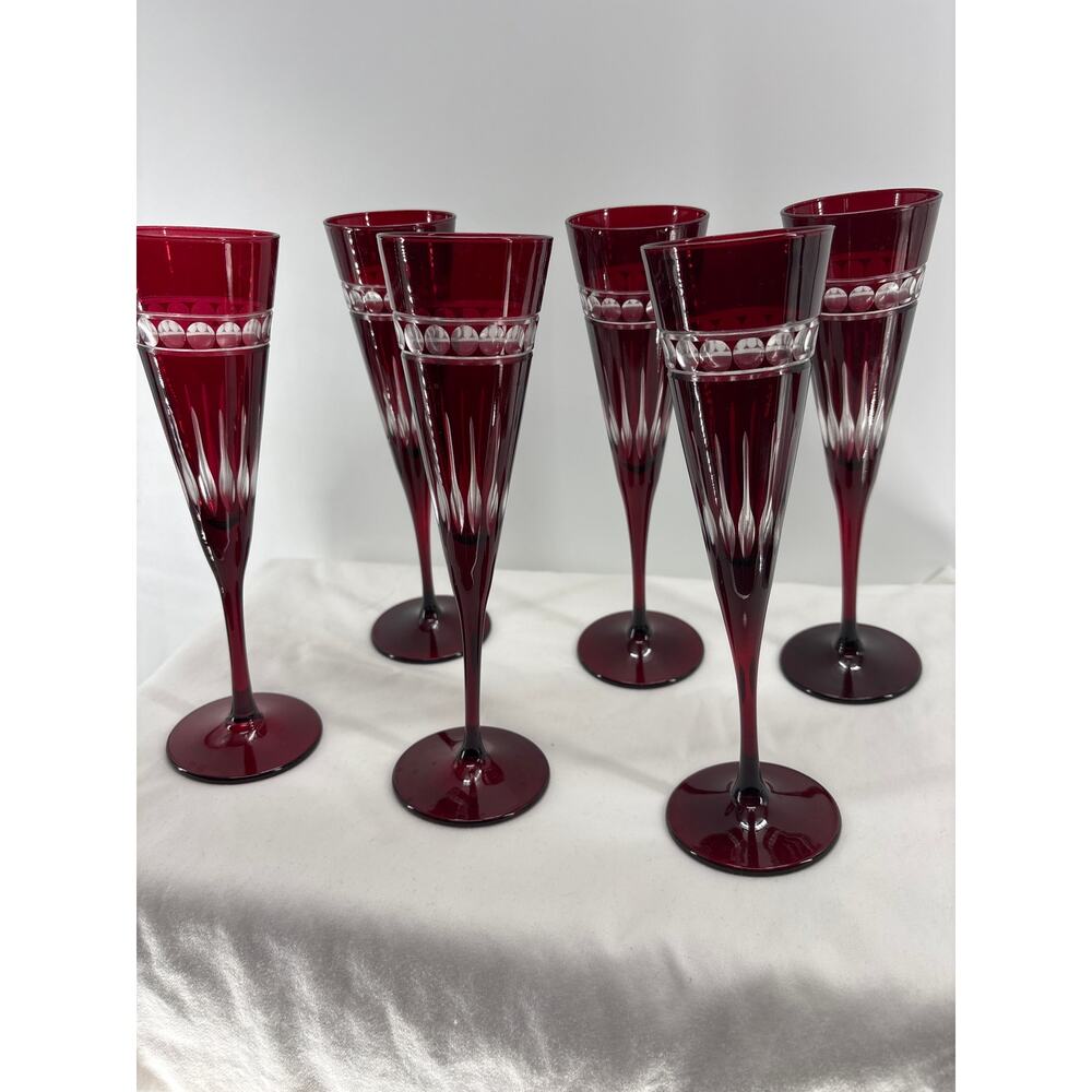 Williams Sonoma Somerset Garnet Crystal Cut Champagne Flutes set of 6